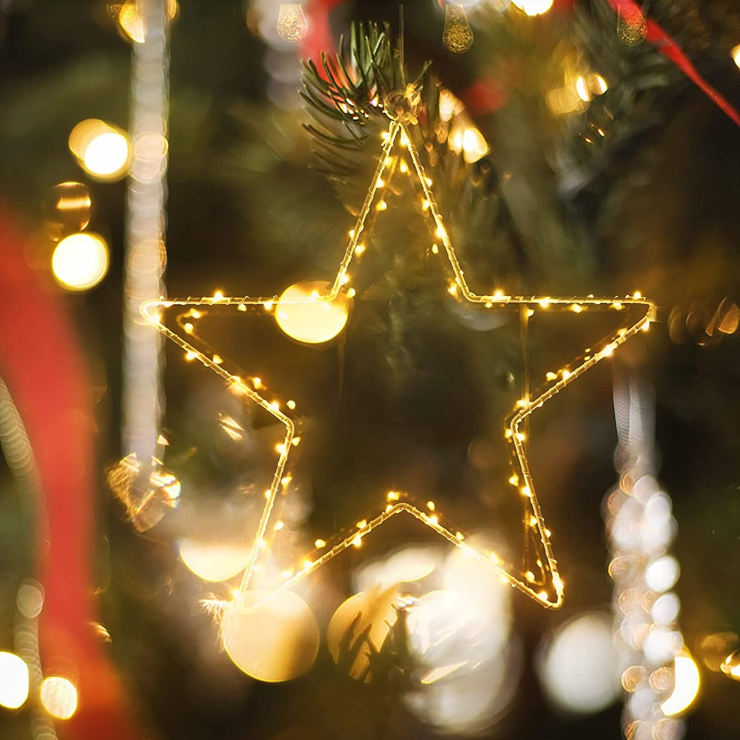 (29x29cm) Weihnachts LED Deko Licht Stern Hängelampe mit 8 Beleuchtungsmodi (Batteriebetrieben) - Warmweiss