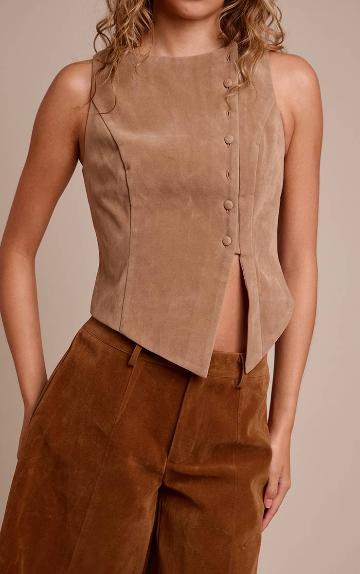 Marron Gilet Asymétrique En Synthétique Avec Détail De Boutons