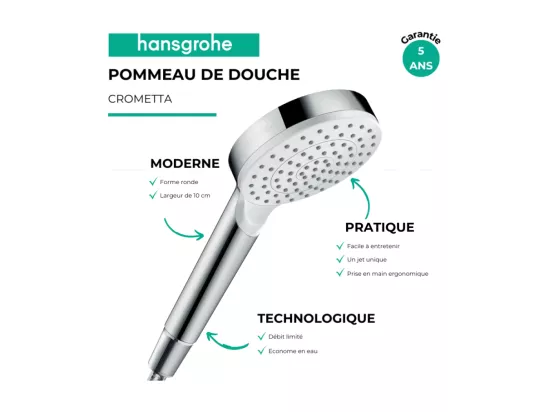 Pommeau de douche HANSGROHE Crometta EcoSmart blanc/chromé + flexible de douche 1,25 m HANSGROHE Isiflex chromé