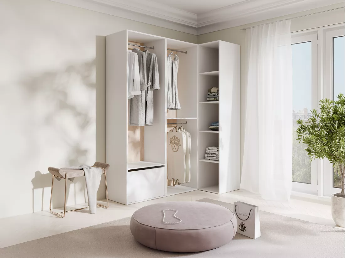 Dressing d'angle modulable - L144,5 cm - Blanc et naturel - TAMOKA