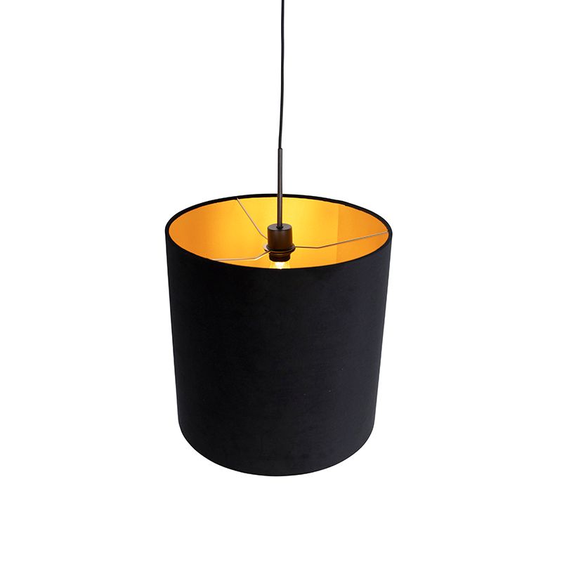 Hanglamp met velours kap zwart met goud 40 cm - Combi