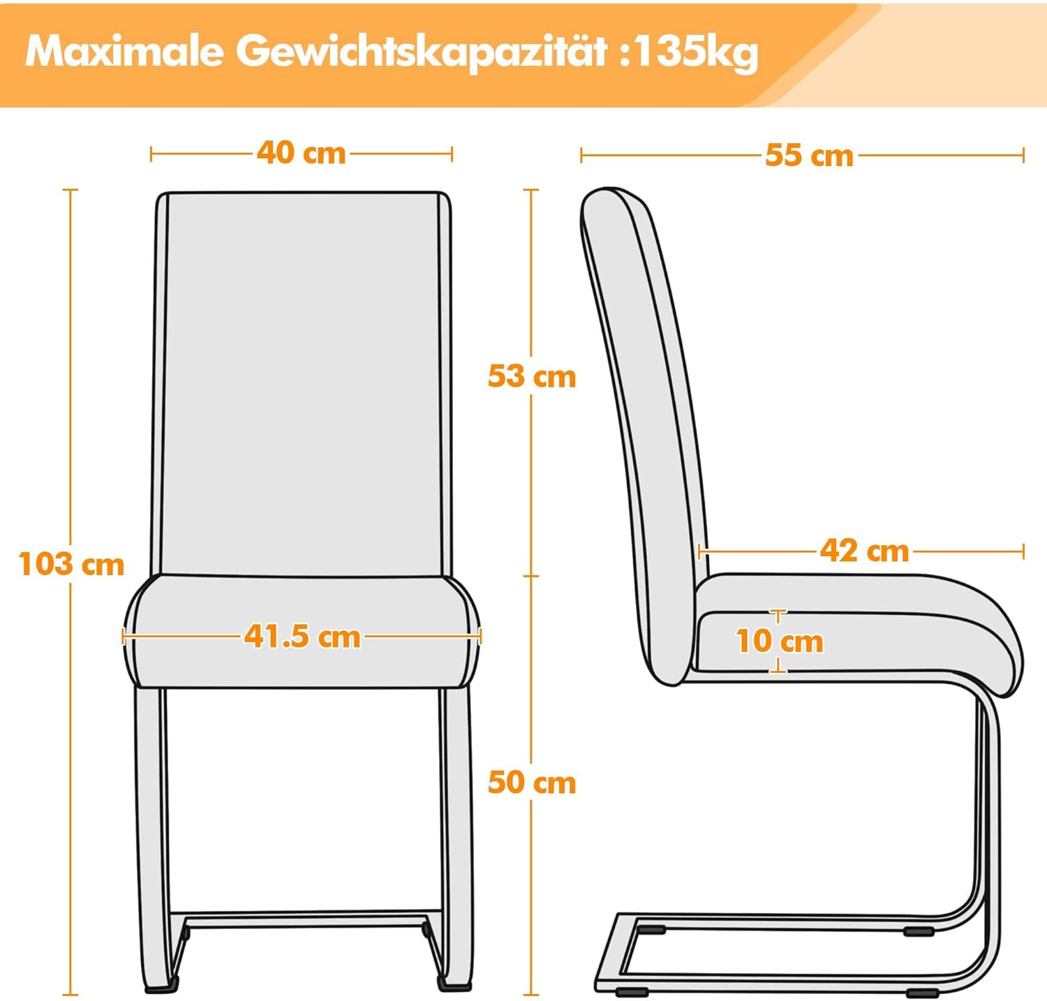 Yaheetech Esszimmerstühle 2er Set Esszimmerstuhl Schwingstuhl Freischwinger, 135 kg belastbar hellgrau Kunstleder