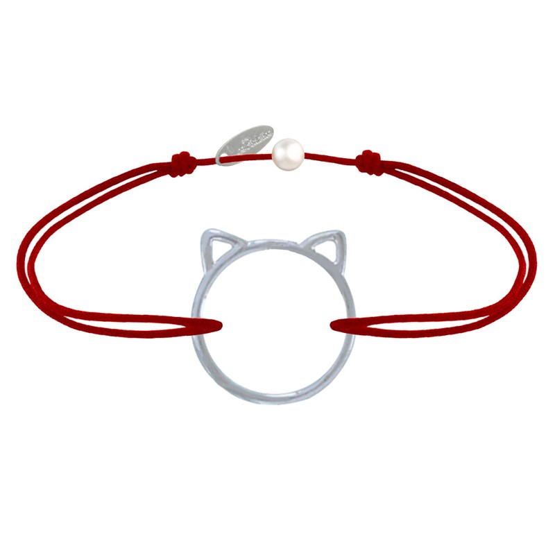 Bracelet Lien Médaille Argent Tête de Chat Ajouré - Rouge