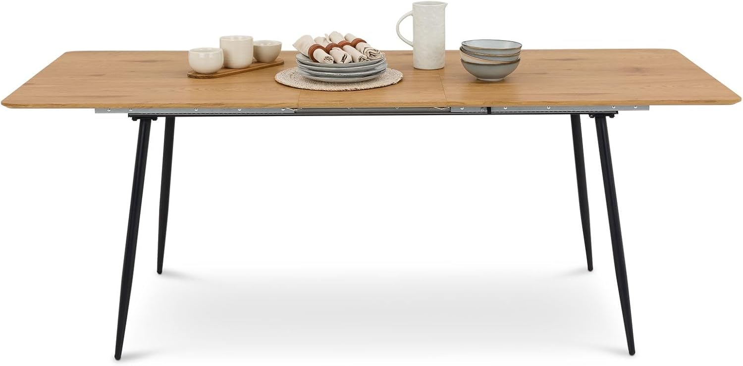 Esstisch ORSA ausziehbar 160-200 x 80 cm, Eiche Finish - Esszimmertisch rechteckig, Küchentisch mit Butterfly-Einlegeplatte, moderner Esstisch für Essbereich, Metallgestell schwarz pulverbeschichtet