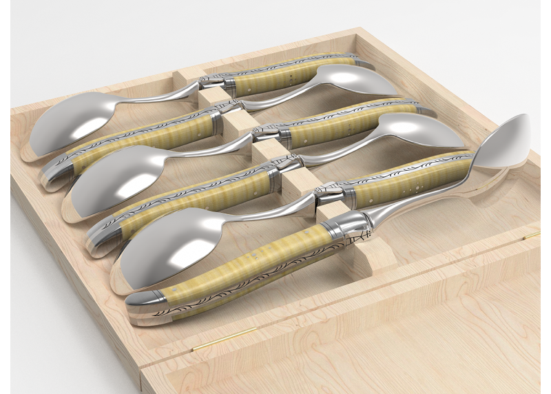 Service de 6 petites cuillères Laguiole avec un manche en érable onde et mitres en acier inoxydable