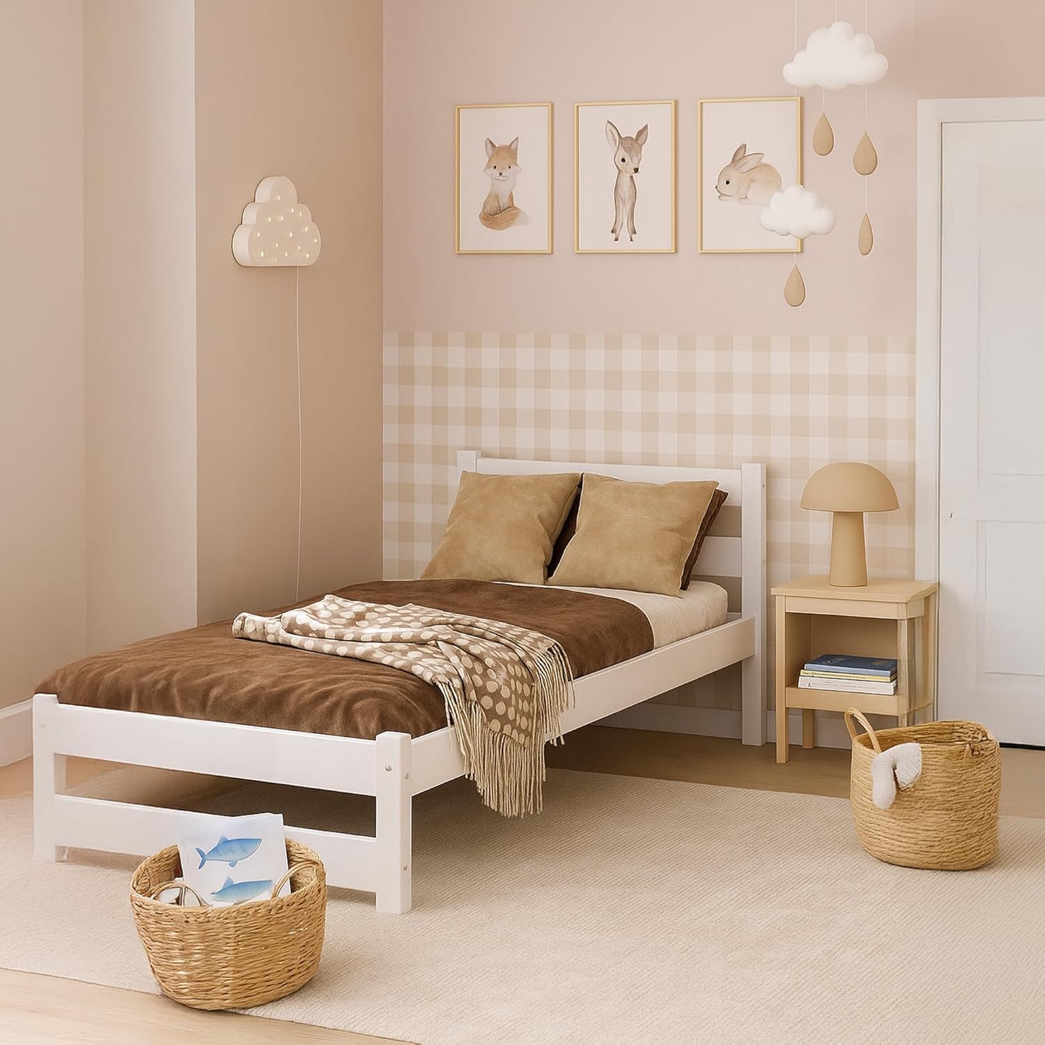 Kinderbett 80x160 cm in Weiß - Jugendbett - Kinder Bett Montessori - Einzelbett aus Kiefer Massivholz – Lattenrost – Tagesbett ohne Matratze