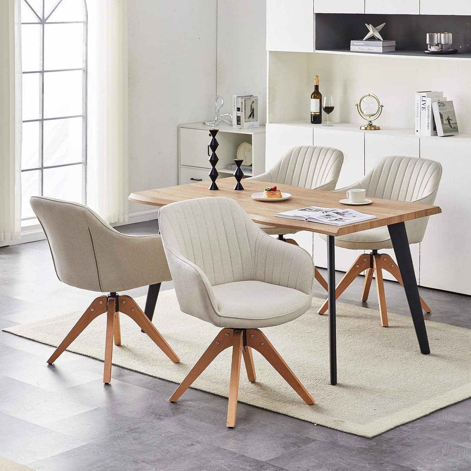 CLIPOP Drehbarer Design Stuhl Vintage Beige Buchenholz Beine Esszimmerstuhl Küchenstuhl Besucherstuhl Bürostuhl Wohnzimmerstuhl (Leinen, Beige)