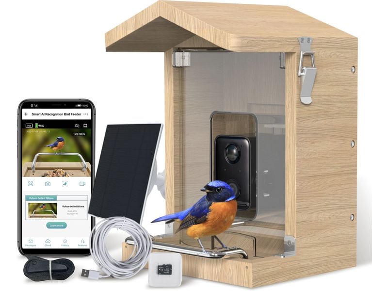 Sanilu Vogelfutterhaus mit Kamera mit Solarpanel Vogelhaus aus Holz mit AI-Kamera