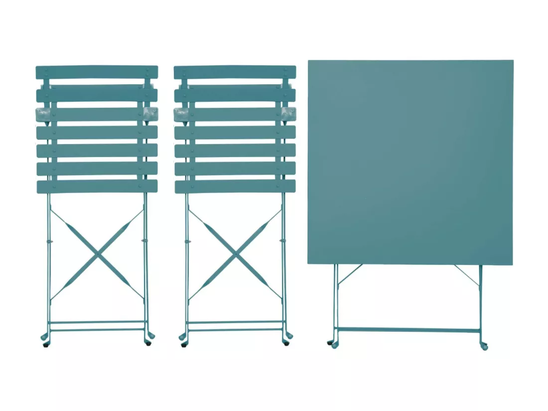 Table de jardin bistrot pliante métal + 2 assises bleu canard 70 x 70cm. acier thermolaqué