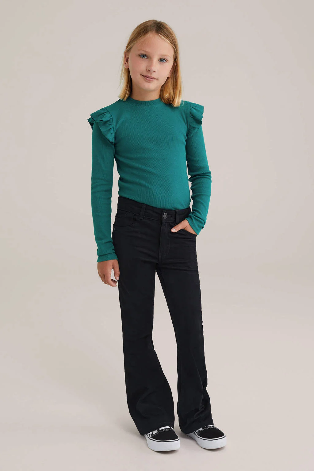 WE Fashion longsleeve donkergroen rib gebreid