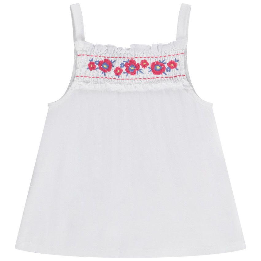 Débardeur en jersey avec smock brodé pour fille - Blanc