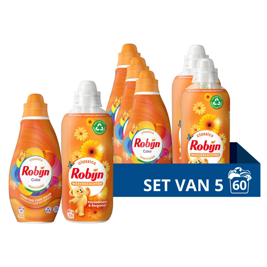 Fijne geur!wasmiddel en wasverzachter pakket - Color + Passiebloem & Bergamot - set van 5 - 60 wasbeurten