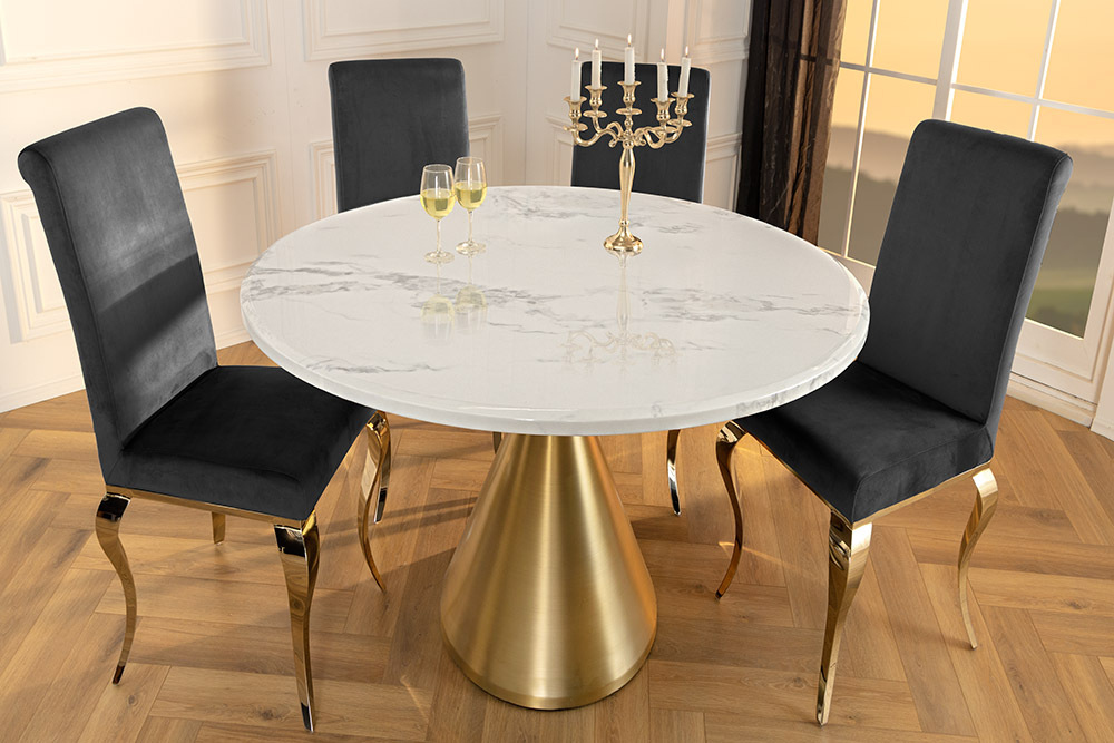 Runder Esstisch ELEGANCIA 130cm weiß Marmor gold Metall mit Säulenfuß