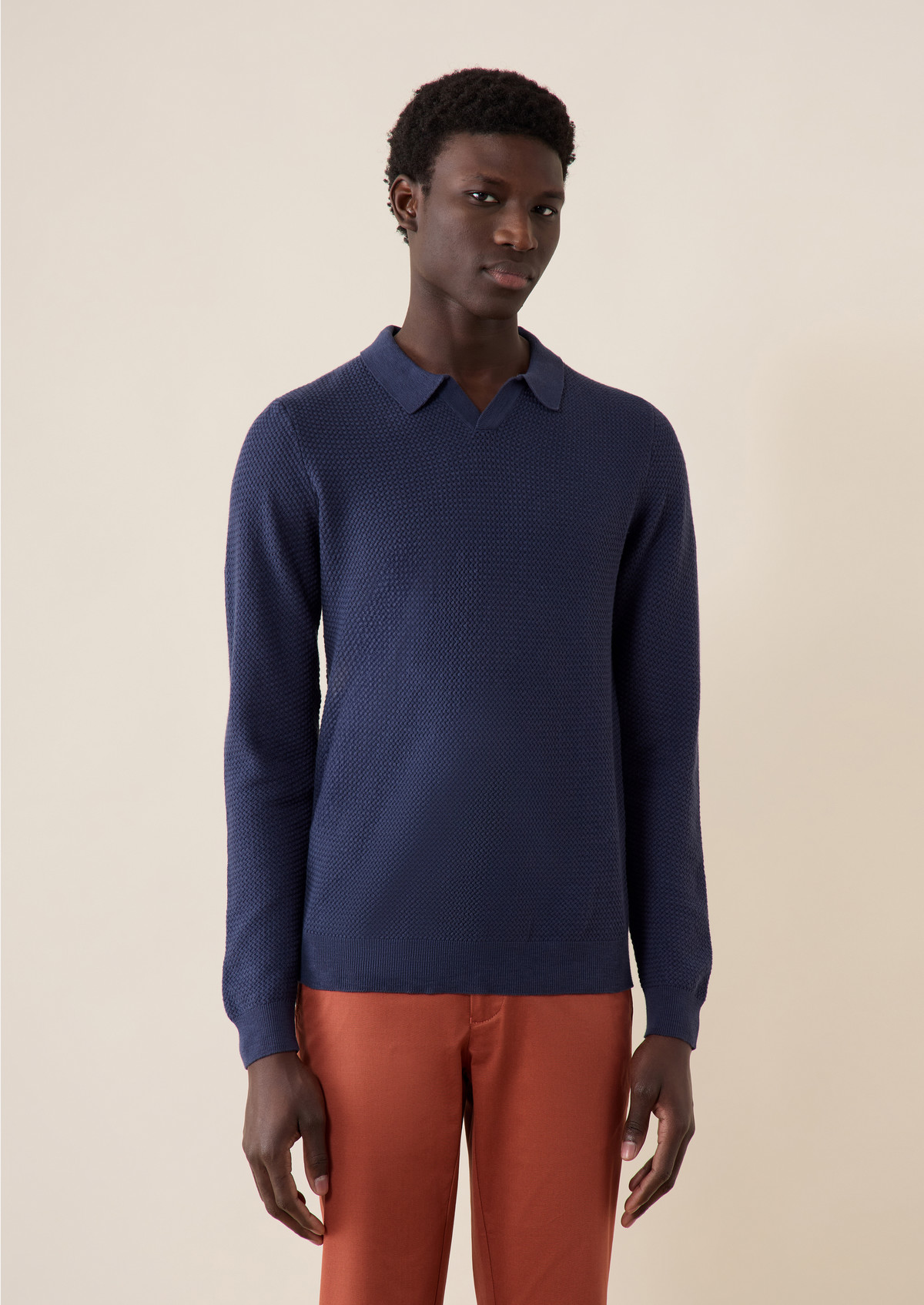 Pull col polo en coton uni bleu jeans