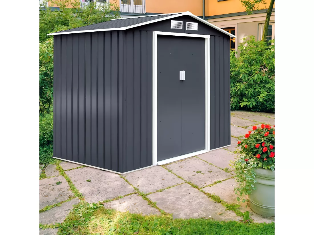Abri de Jardin en Métal 5.3㎡ avec Cadre de Fondation, Cabane de Jardin avec Porte Coulissante-277 x 191 x 192 cmGris