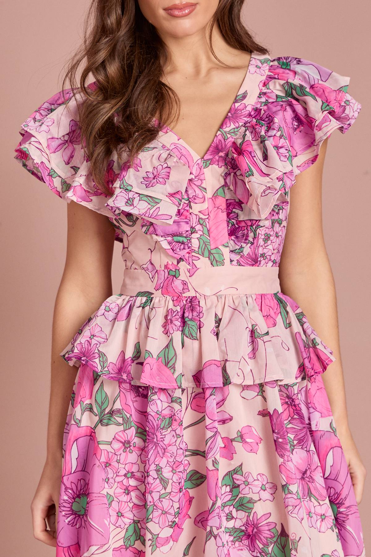 Coast Robe Midi Imprimée À Volants En Organza Et Col En V