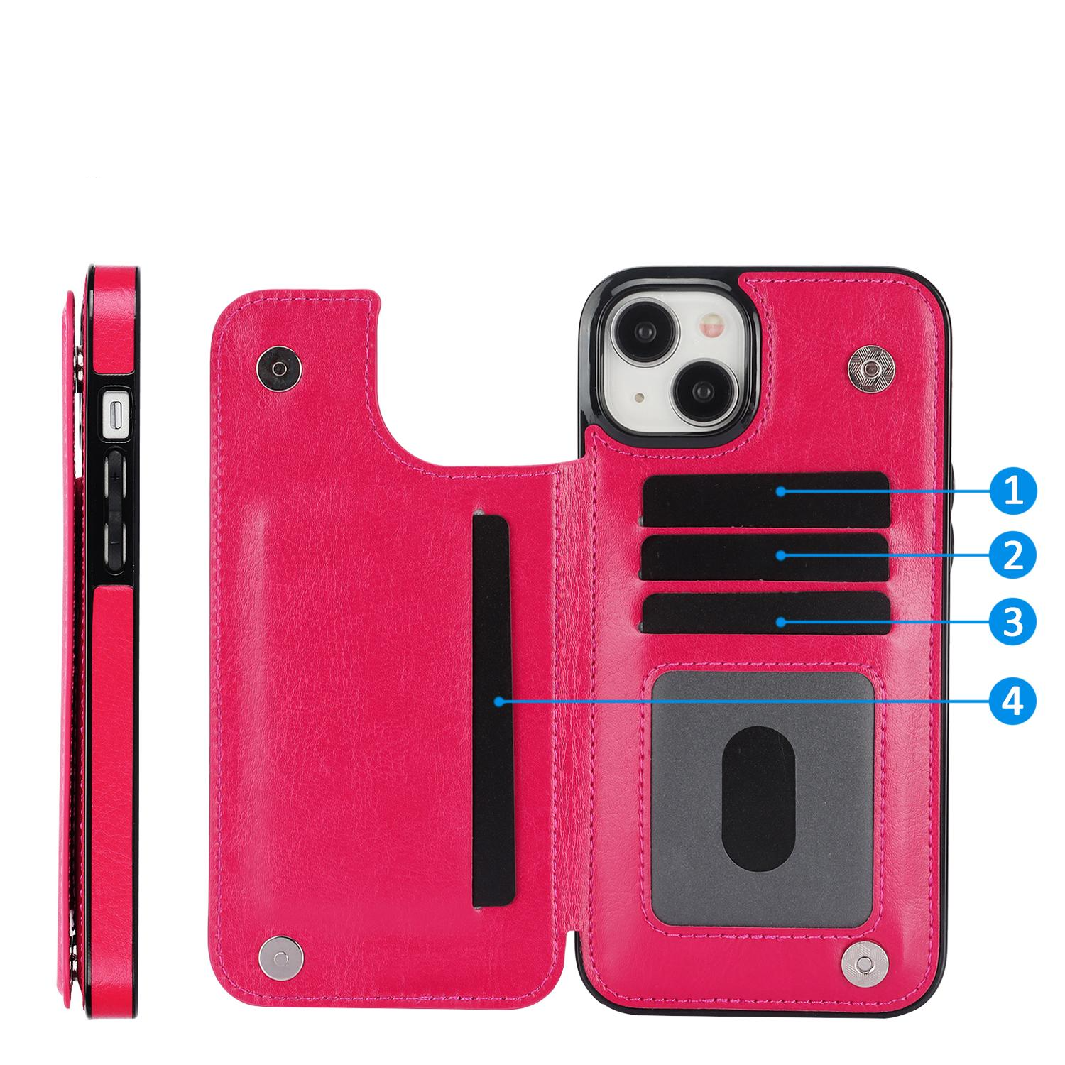 iPhone 15 Hybrid Leder Hülle mit Kartenfach   Kickstand Aufsteller - Pink