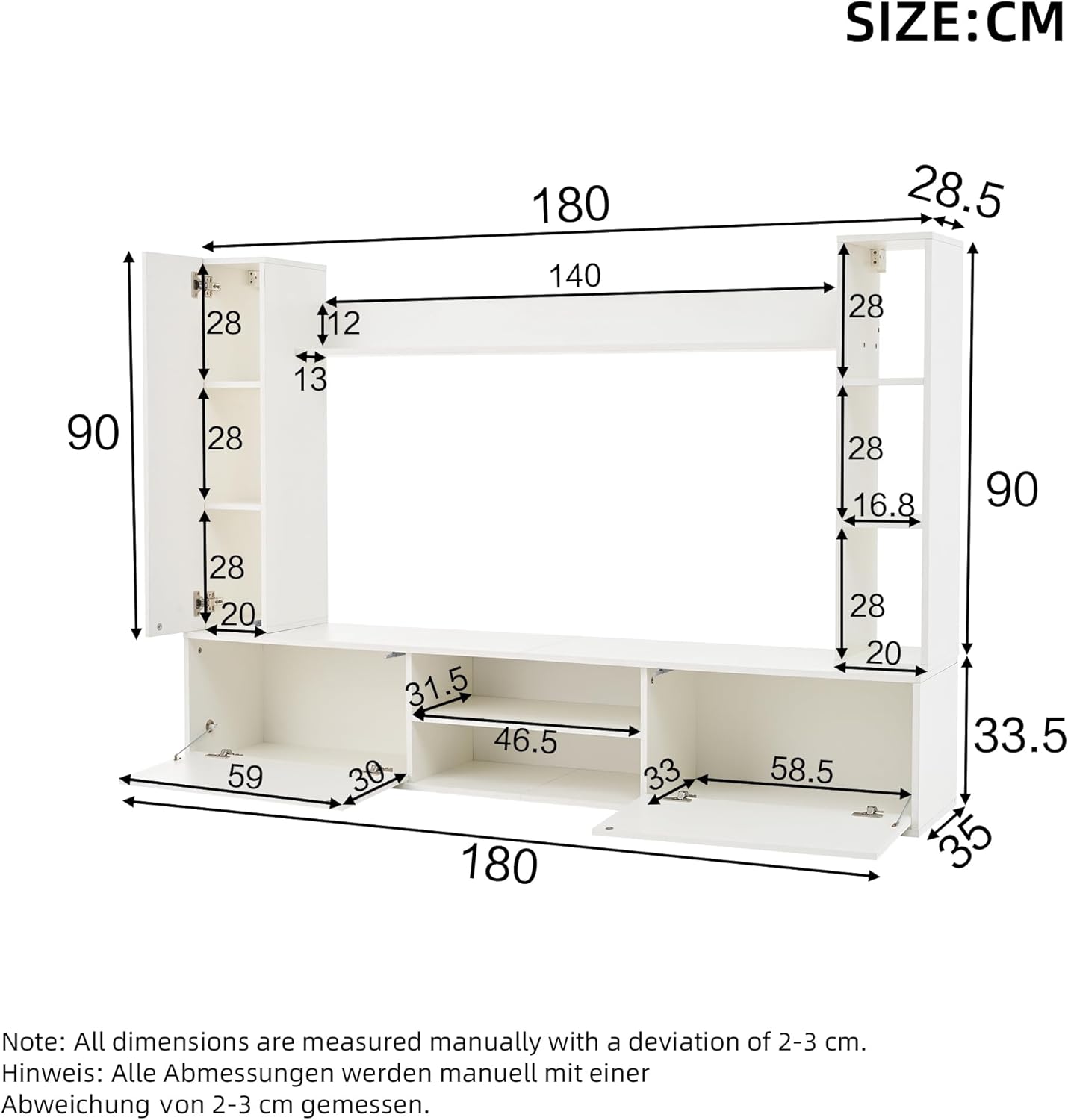Merax Wohnwand Wohnzimmer 4-Teilig Set, Wohnzimmer Möbel Set, TV Lowboard, Wandregal, 2 Wandschrank, Vitrine Hängend oder Stehend, Wohnzimmermöbel Komplett, Elegante Schrankwand, Mediawand, Weiß