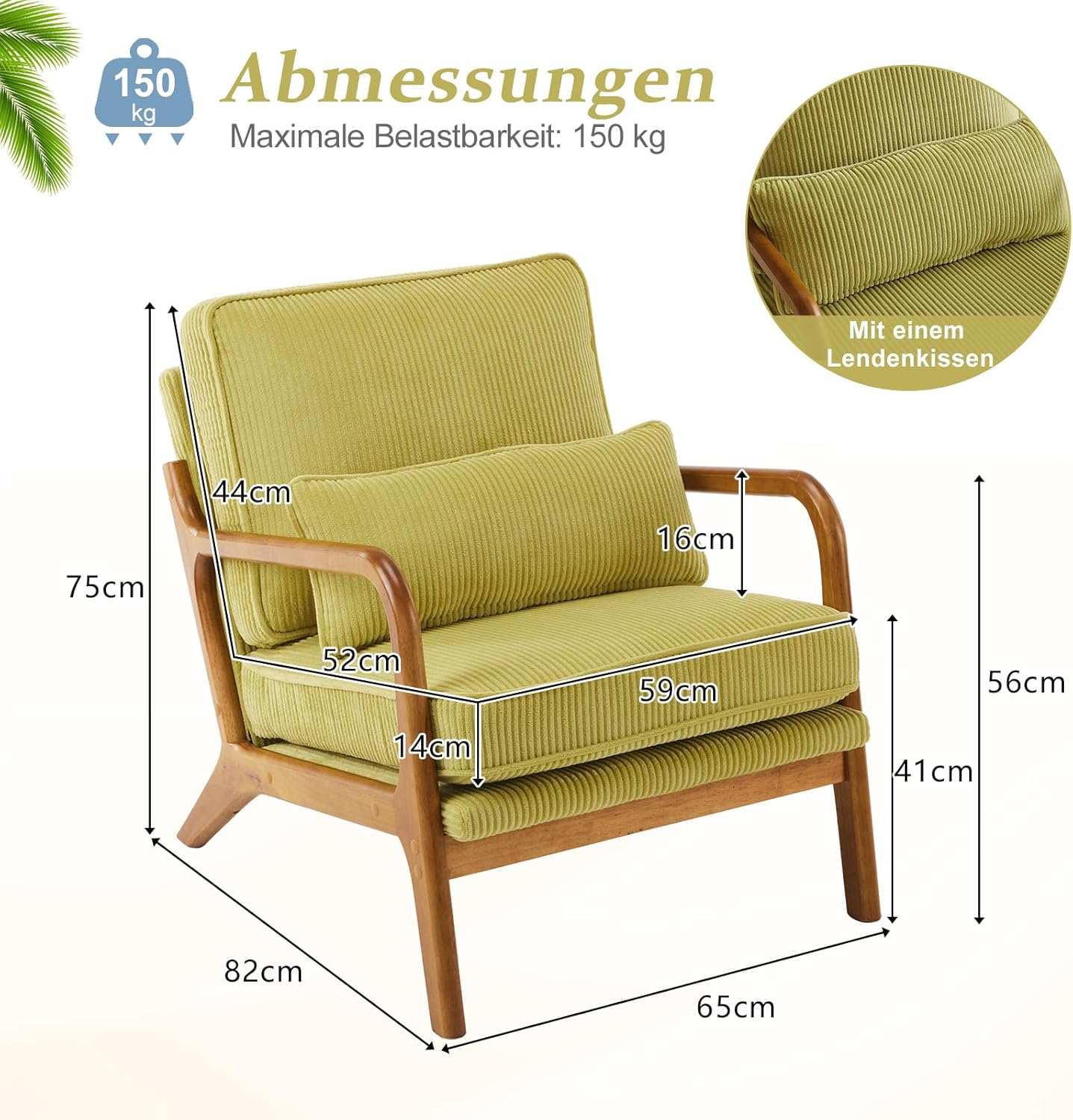 Bonnlo Sessel Gepolsterter Cocktailsessel, Moderner loungesessel, Ohrensessel für Wohnzimmer, Polsterstuhl mit Massivholz, Lesesessel, bis 200 kg belastbar, Cord-Stoff (Grün)