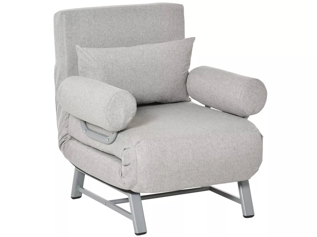 Fauteuil chauffeuse canapé-lit convertible inclinable 1 place grand confort coussin lombaires accoudoirs piètement métal lin gris clair