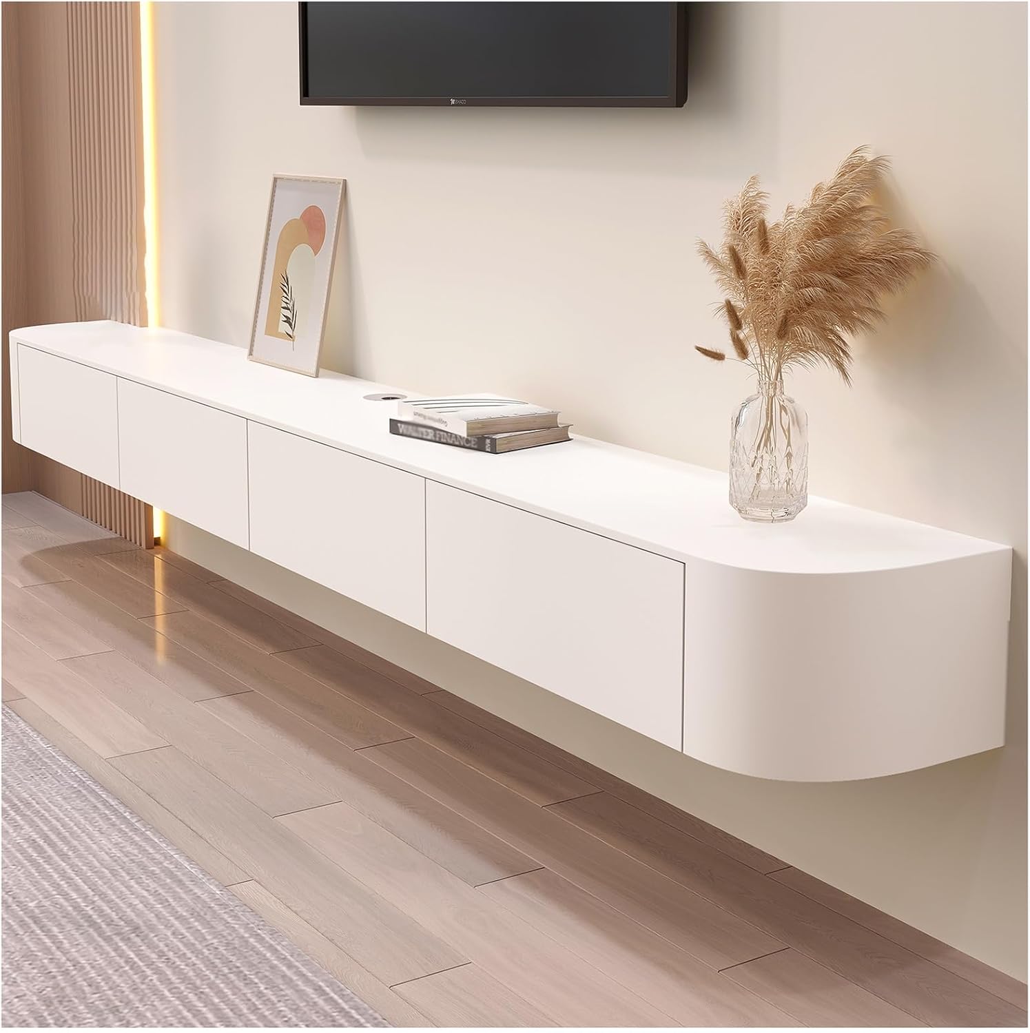 Weiß TV-Schrank,Fernsehtisch Hängend mit 2 Schublade,1 Türen,140 cm lang,TV Lowboard für Fernseher bis zu 60 Zoll,TV Tisch,Hängeboard Schwebend,TV Board hängend,für Wohnzimmer,Schlafzimmer
