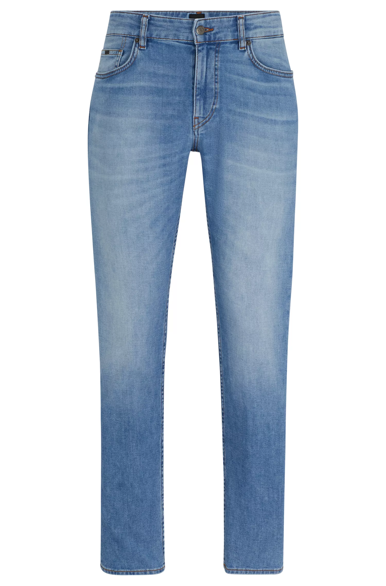Calça jeans BOSS preta, corte slim, em denim elástico supermacio azul.