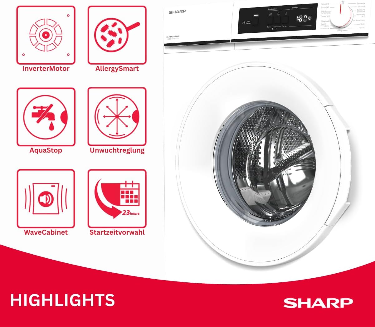 Sharp ES-NFA014WWNA-DE Waschmaschine, 10 kg, 1400 U/min, Energieeffizienzklasse A, AquaStop, AllergySmart, LED-Display, Inverter Motor, Frontlader, Weiß