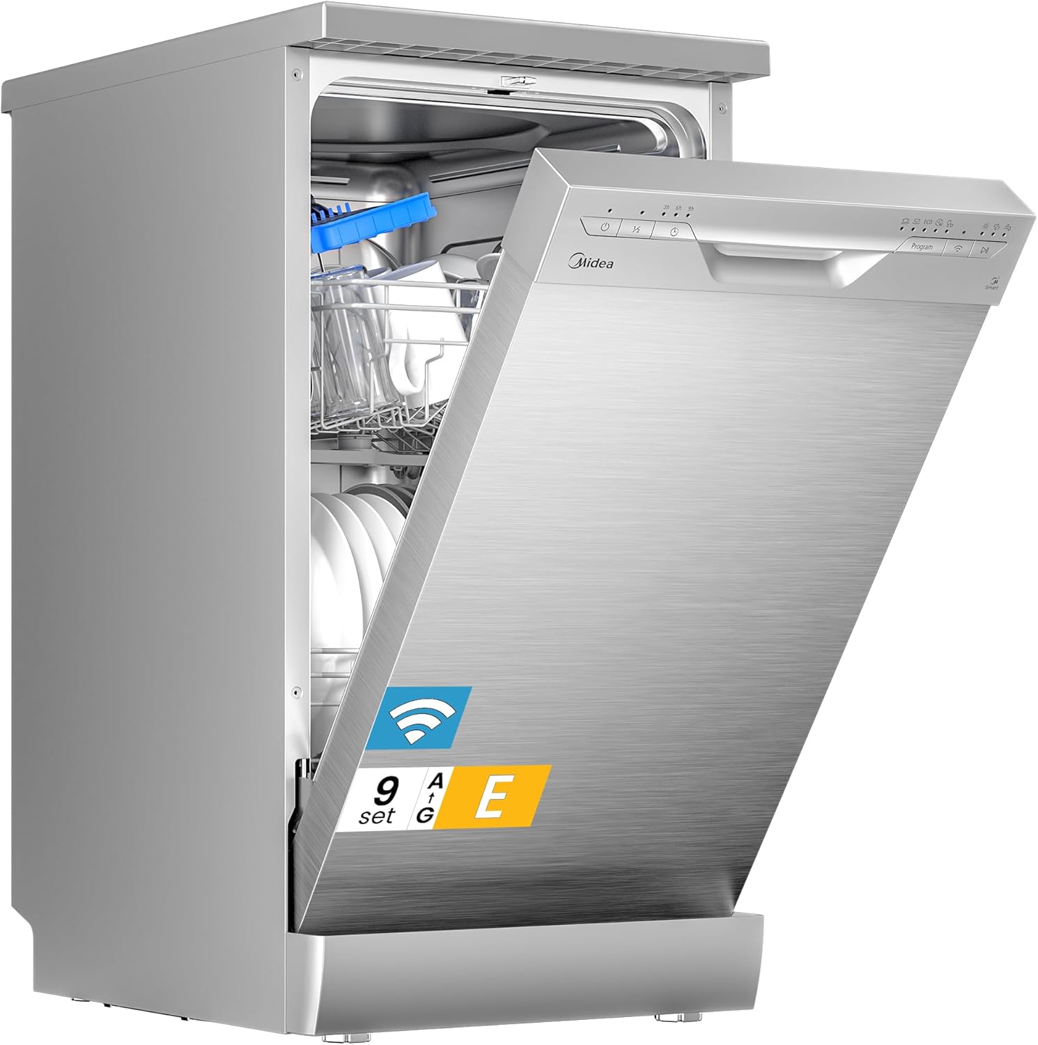 Midea SF 3.45N PRO Geschirrspüler, freistehend und unterbaufähig, 9 Maßgedecke, WLAN, 5 Spülprogramme, 47 dB, 3/6/9h Startzeitvorwahl, Inox, Silber