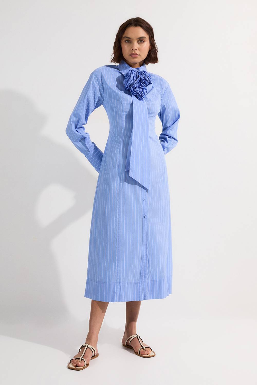 KarenMillen Petite Robe-Chemise Maxi Tissée en Coton Rayé à Rosette