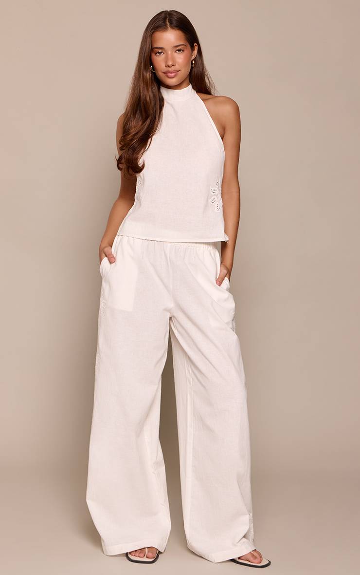 Blanc Pantalon Coordonné En Coton Avec Détail Brodé Soleil