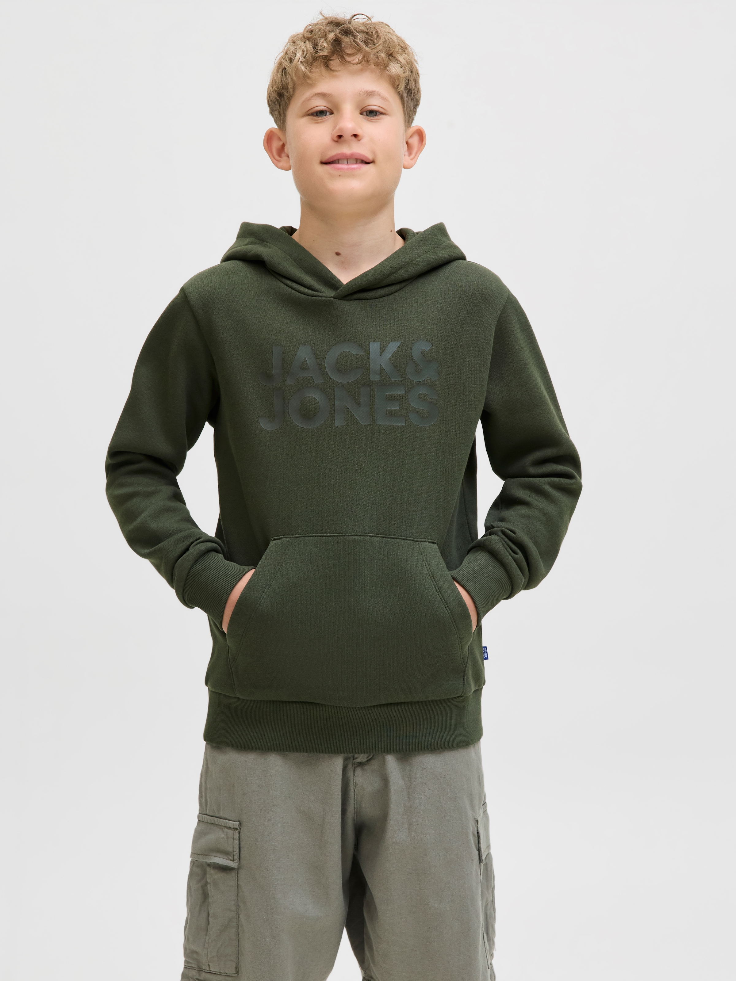 Jack & Jones Junior Kapuzensweatshirt »JJECORP mit Druck, Kängurutasche, pflegeleicht«, bedruckt, modisch, regular fit, Rundhals