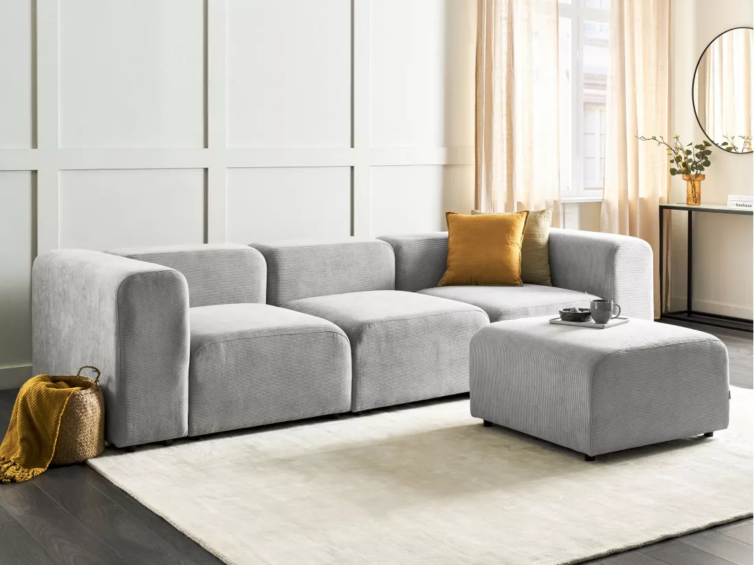 Canapé 3 places modulable avec ottoman en velours côtelé gris FALSTERBO
