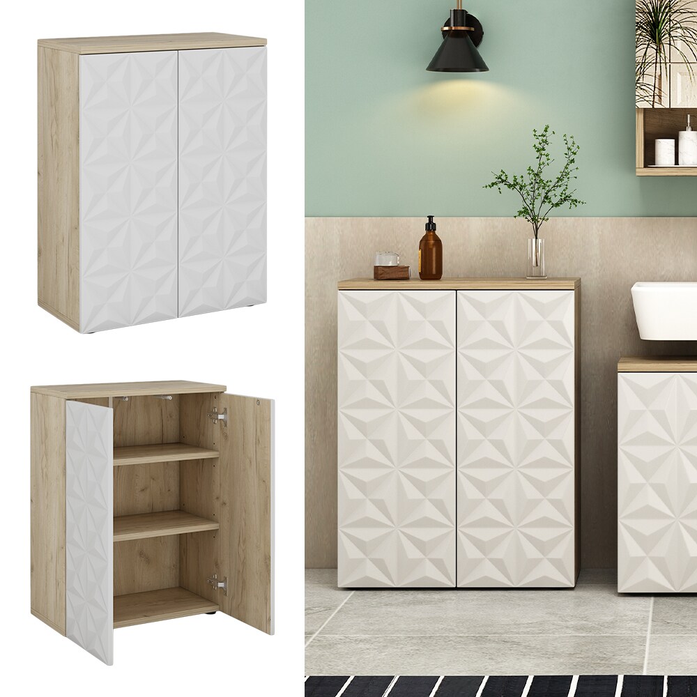 Vicco Badschrank Badezimmerkommode Badezimmermöbel Edge Eiche Weiß modern 60x80 cm Badezimmer Schrank Badmöbel 2 Türen 3 Fächer
