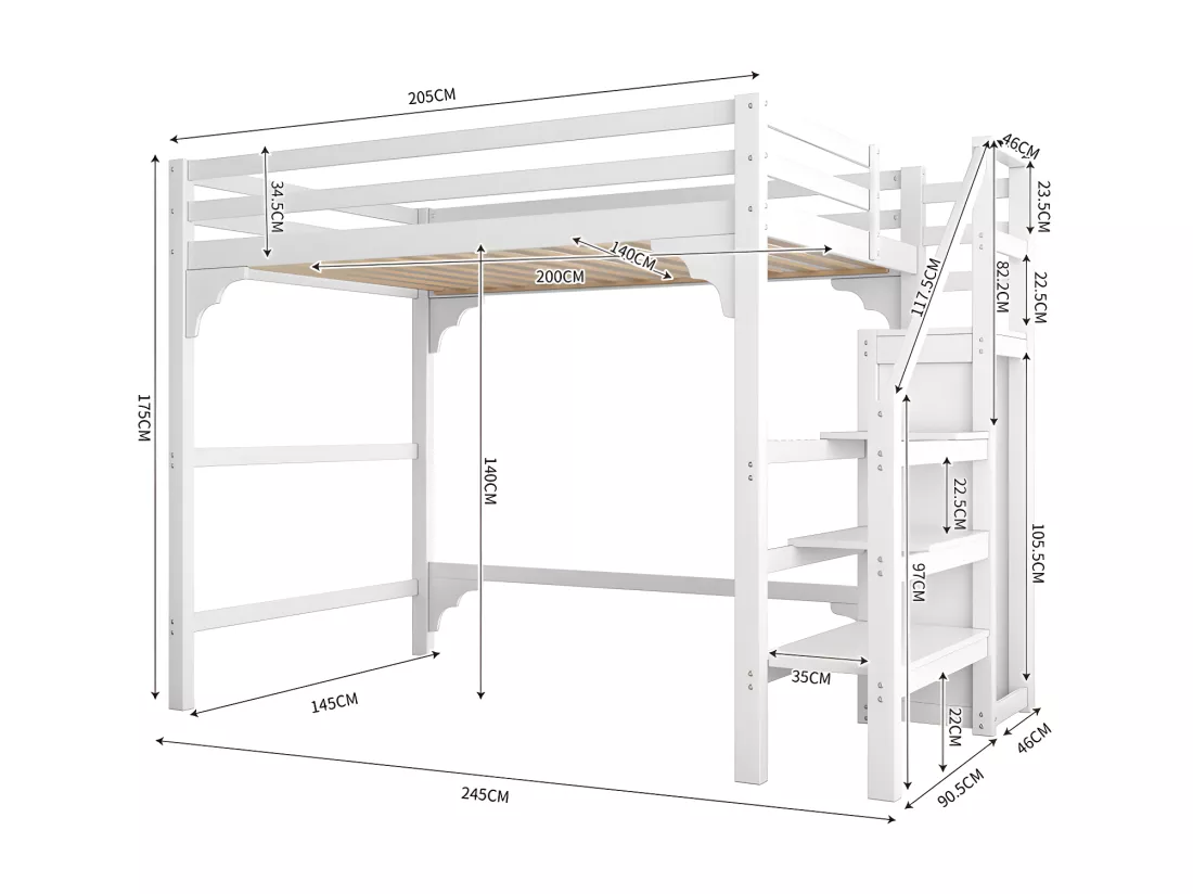 Lit mezzanine 140x200cm en bois - avec penderie et sommier à lattes - Blanc