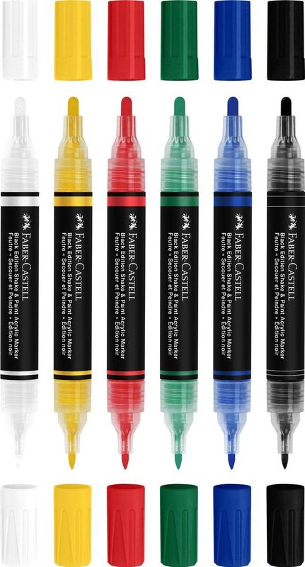 Faber-Castell - Black Edition - Acrylmarker Set - 6 Standaard Kleuren - Hoog Gepigmenteerde Inkt
