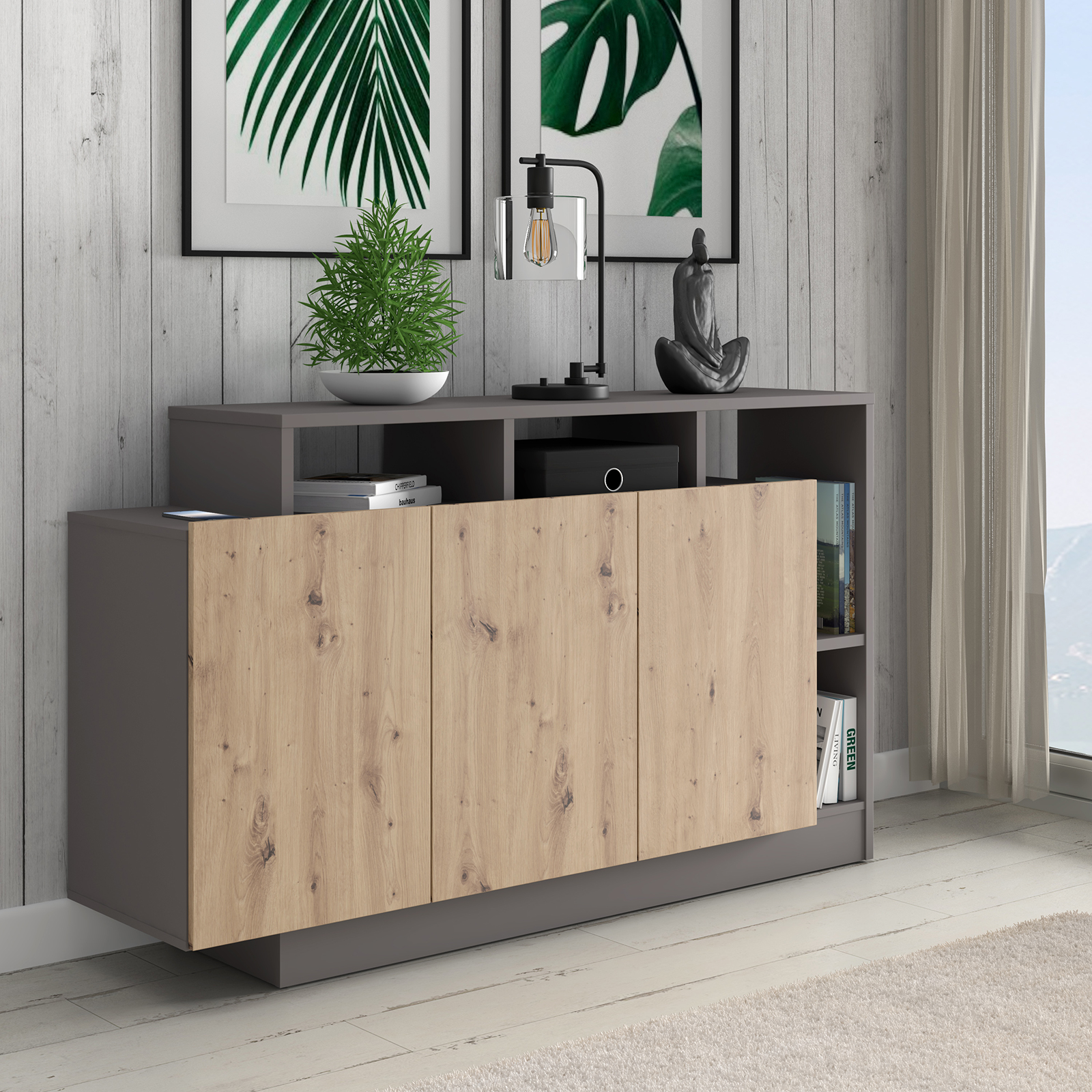 Sideboard - grau-Artisan Eiche - 155 cm breit