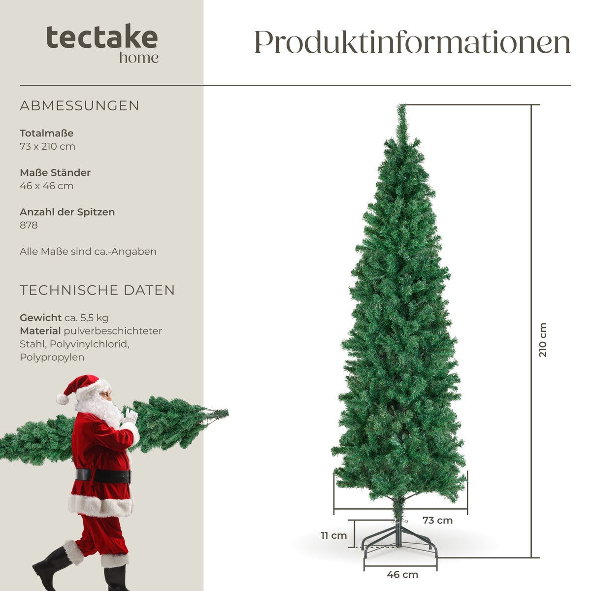 Kerstboom tectake Comet, diverse maten, kunstmatig in groen, met dichte naalden, gepoedercoate metalen standaard met kunststof doppen