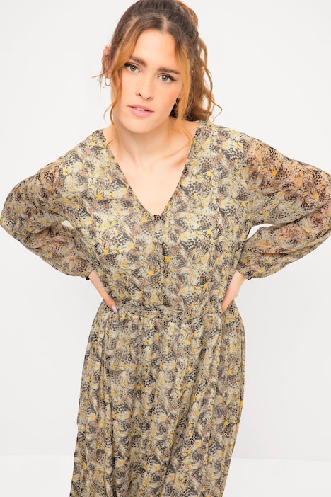 Maxikleid, A-Line, Leo Minimal, V-Ausschnitt, elastische Taille, Langarm