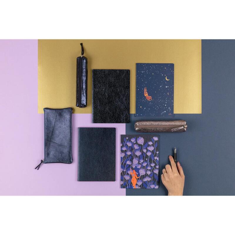 Adolie, Set de 2 carnets cousu fil A5 14,8x21 cm, 64 pages, ligné. Etoiles. 1 carnet couverture cuir + 1 carnet couverture carte imprimée, ass.