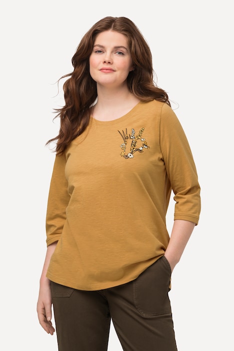 Shirt, Stickerei, Rundhals, 3/4-Arm, Biobaumwolle