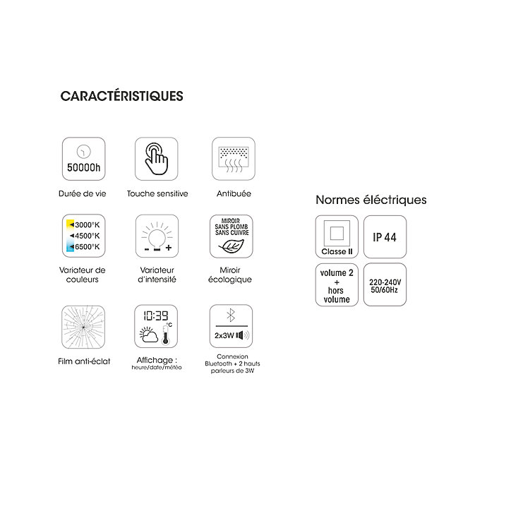 Miroir de salle de bains lumineux LED connecté 70 x 120 cm, argenté, MPGlass BroadWay