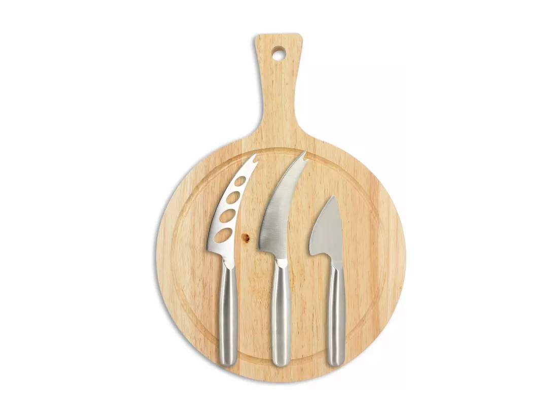 Menastyl - Planche A Decouper Ronde 24cm Acacia Avec 3 Couteaux A Fromage