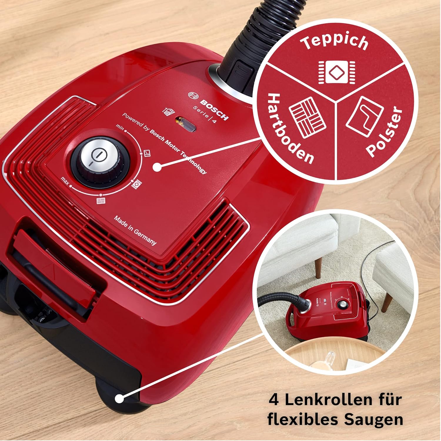 Bosch Hausgeräte Staubsauger mit Beutel Serie 4 BGD38RD1H, nachhaltig, Hygiene-Filter, 10 Jahre Motorgarantie, Hartbodendüse, Zubehör-Clip, Polsterdüse, Fugendüse, hohe Saugkraft, 600 W, rot