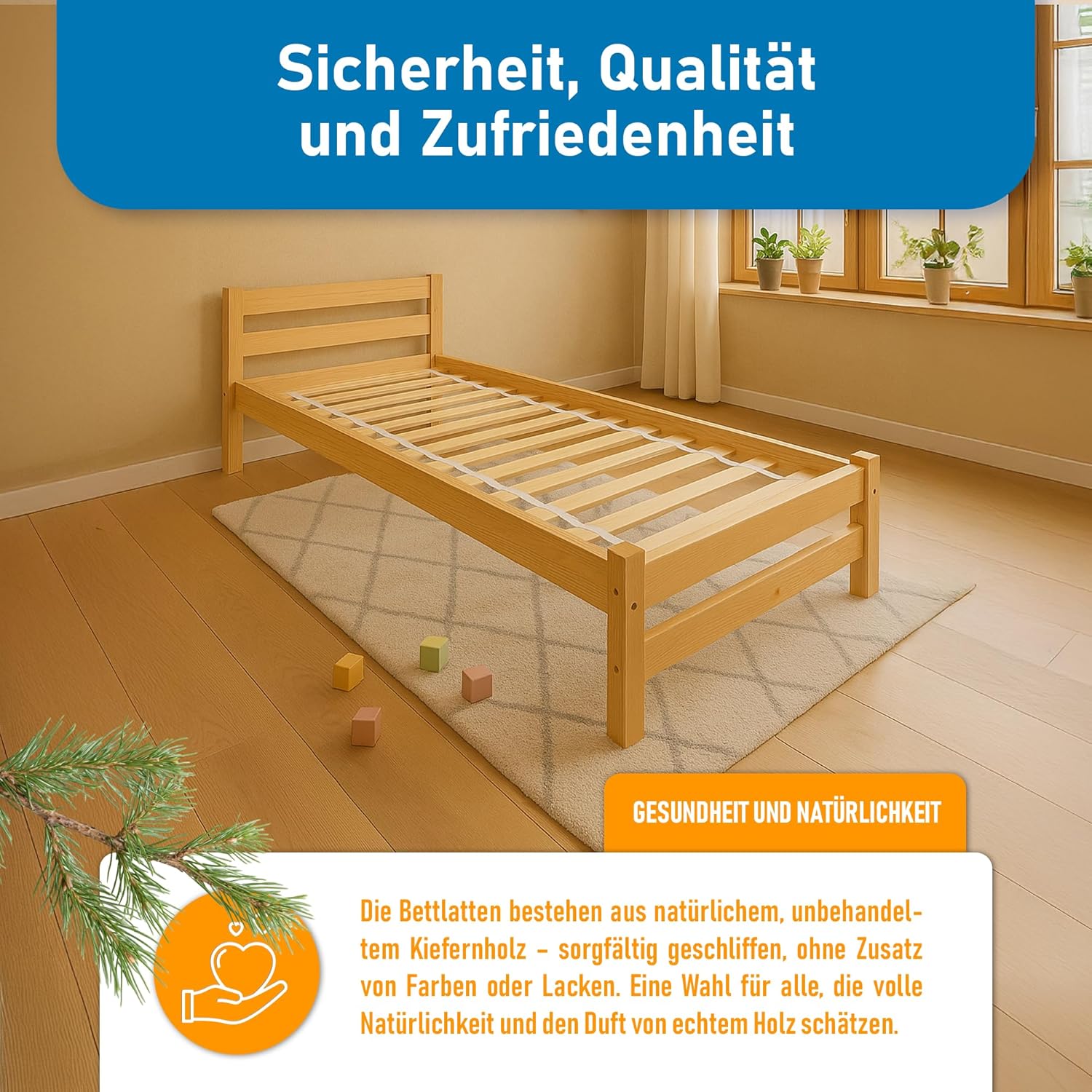 Kinderbett 80x160 cm mit Lattenrost - Einzelbett aus Kiefer Massivholz - Kinder Bett Montessori – Jugendbett Unlackiert – Tagesbett ohne Matratze