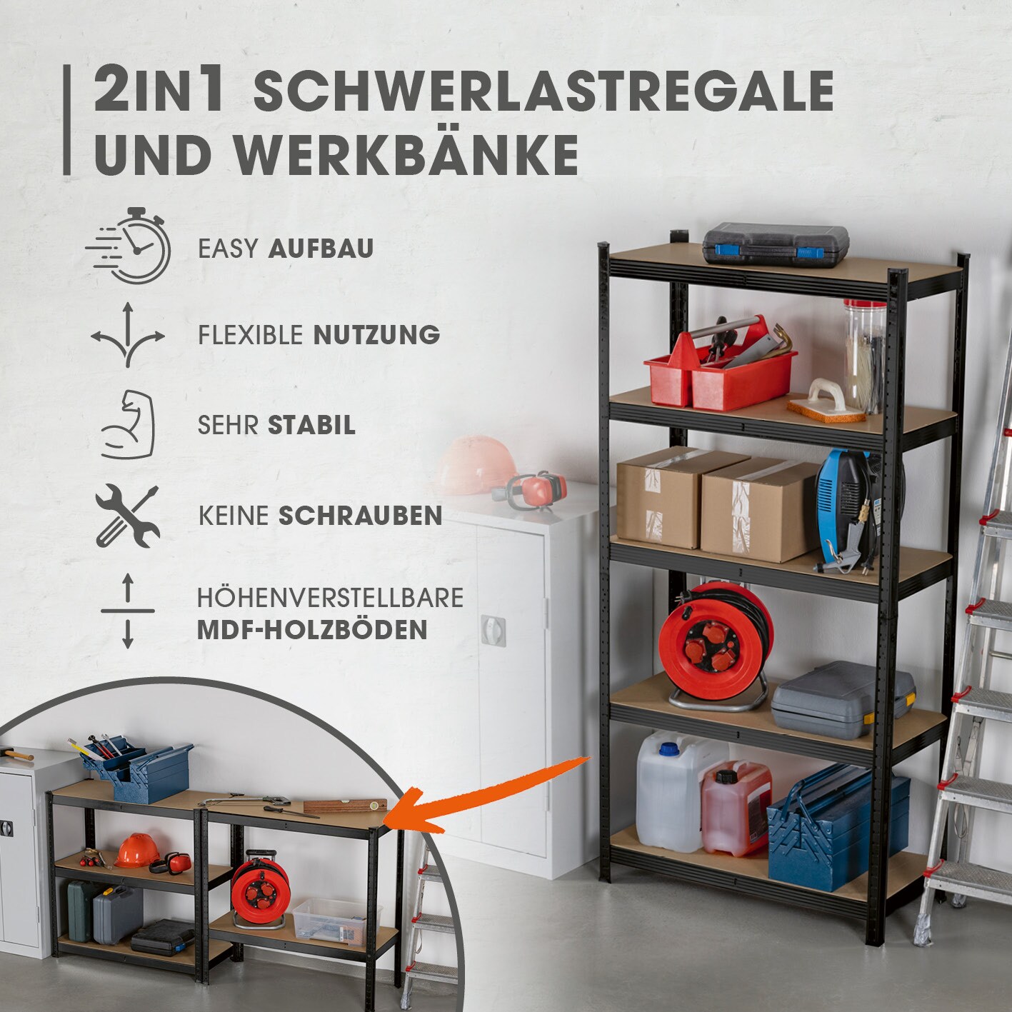 EASYmaxx Schwerlastregal mit 5 belastbaren Holzböden 180x90x40cm
