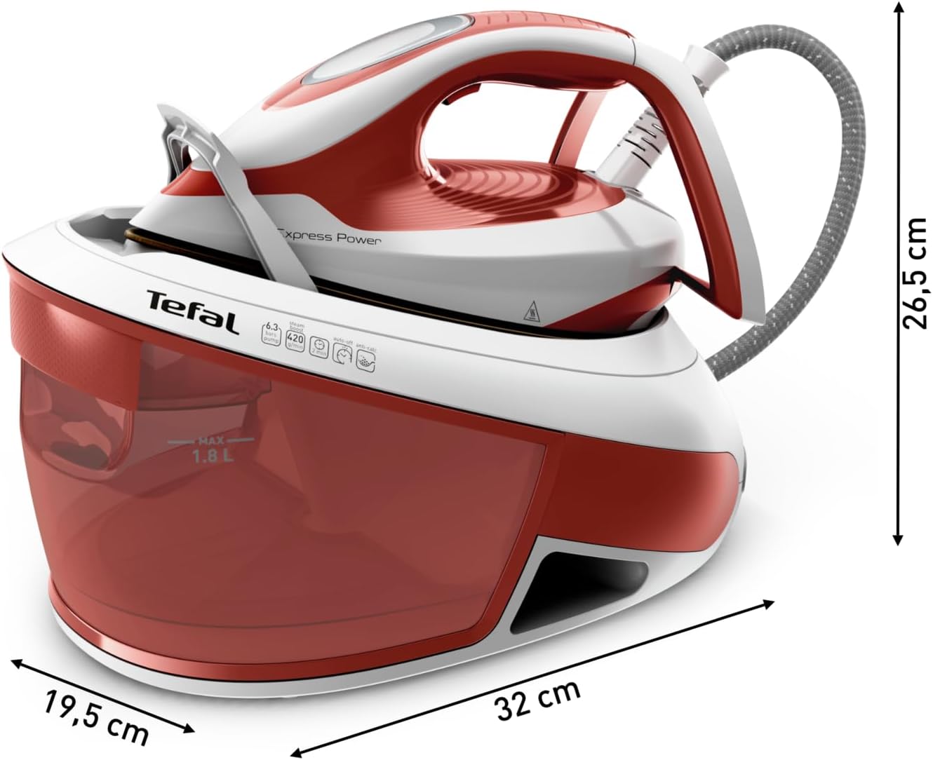 Tefal Express Power Dampfbügelstation, Kalk-Kollektor, Smart Temp-Technologie, 420 g/Min. Dampfstoß, 6,3-Bar-Druck, Eco-Modus, 1,8 L Wassertank, Bügeleisen mit Dampfstation, terrakotta, SV8110