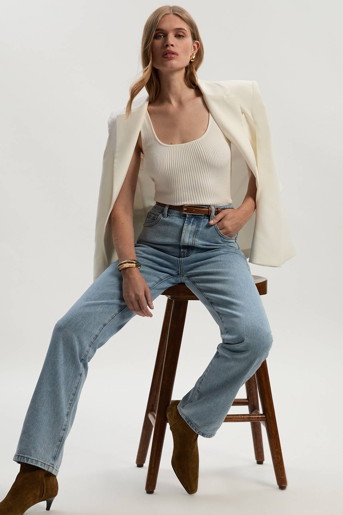 KarenMillen Jean Droit Taille Haute en Denim Rigide