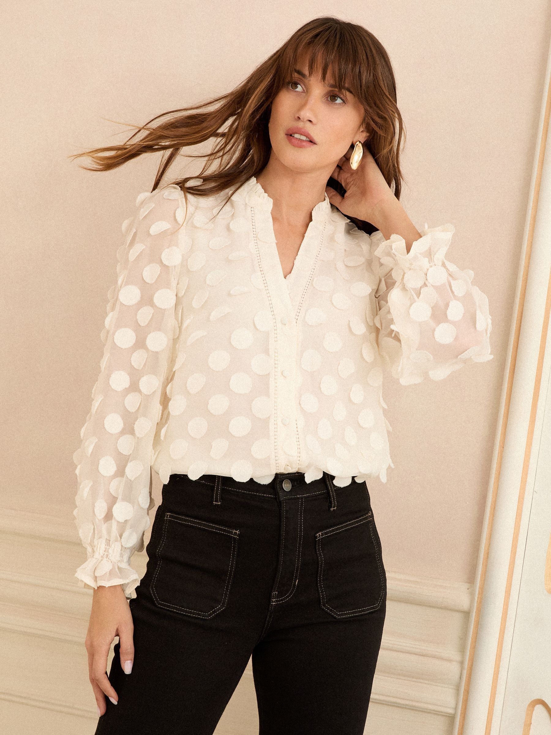 Wit - Love & Roses 3D blouse met lange mouwen en stippen