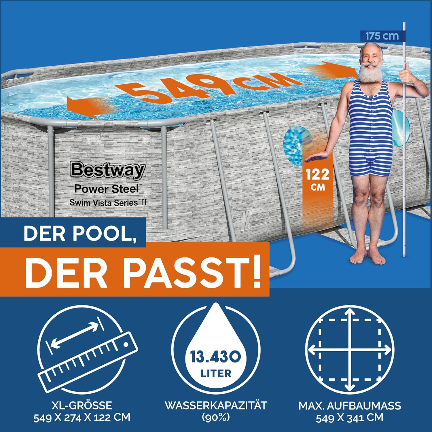 Bestway Power Steel Swim Vista Series Frame Pool Komplett-Set mit Filterpumpe 549 x 274 x 122 cm, Steinwand-Optik (Cremegrau), oval
