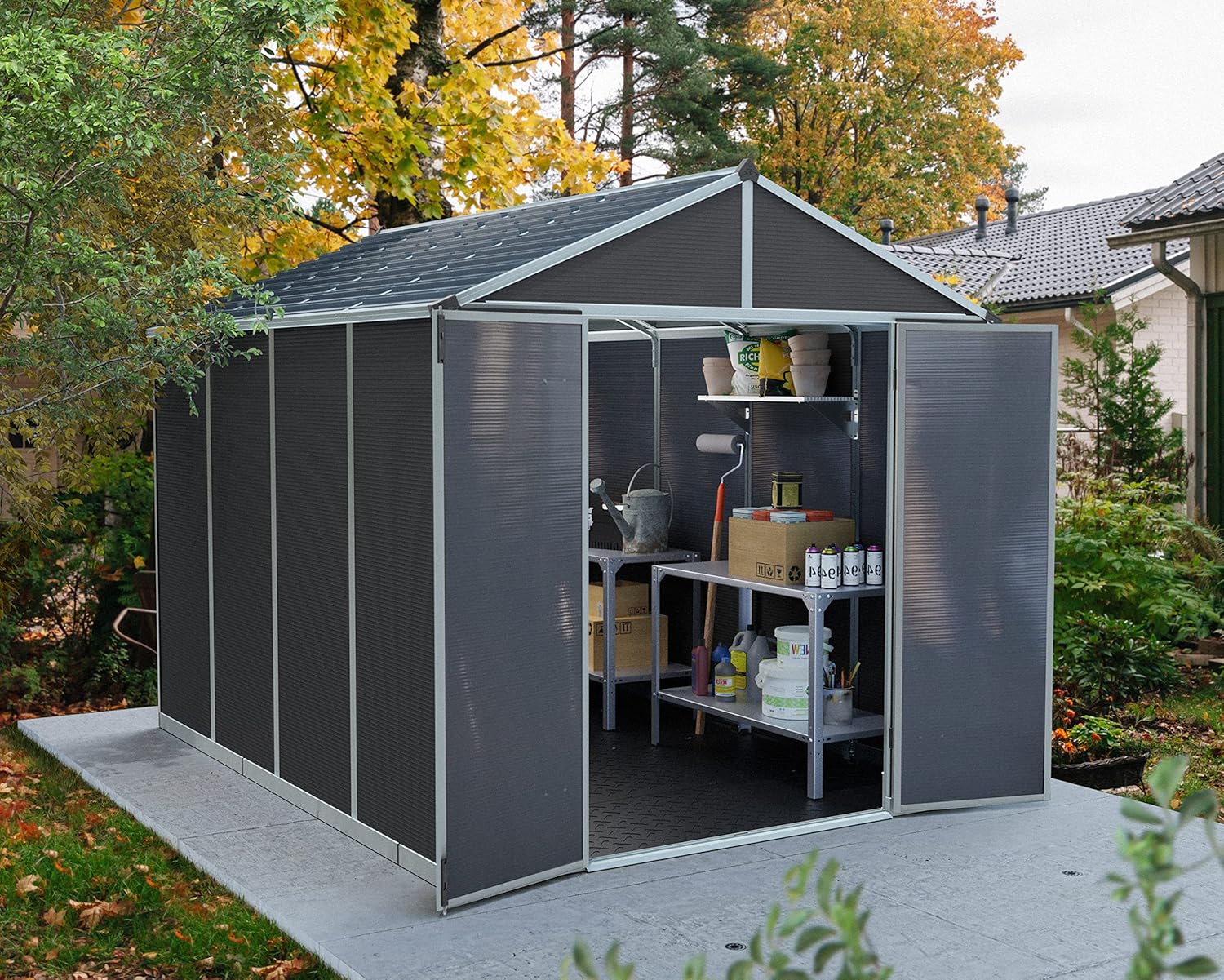 Canopia by Palram Gerätehaus Rubicon 8x10 Geräteschuppen Metall 237x303x235 cm Grau Polycarbonatplatten rostbeständig UV-Schutz